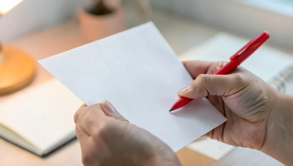 Hands holding a blank sheet of paper with a red pen, representing reviewing a medical bill for errors before paying