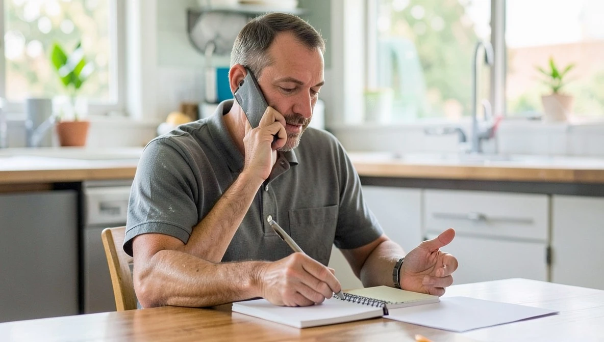 Man on a phone call taking notes in a notebook while negotiating a medical bill from his kitchen table