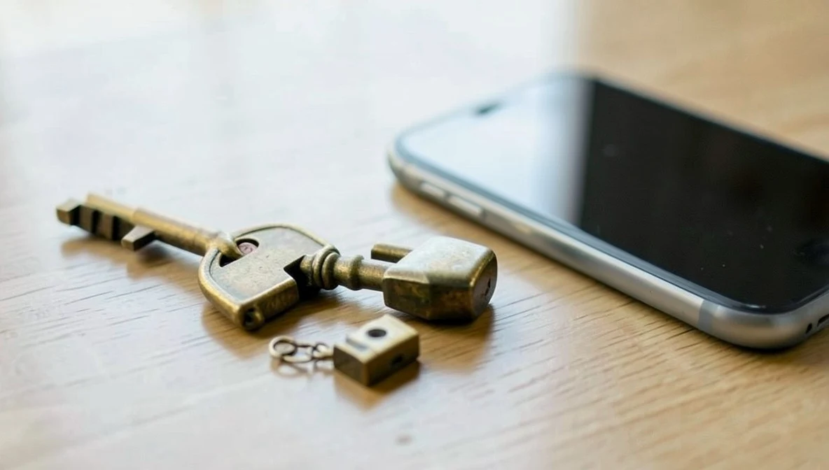 Old brass key and small padlock next to a smartphone with its screen turned face down, symbolizing permissioned access to bank data