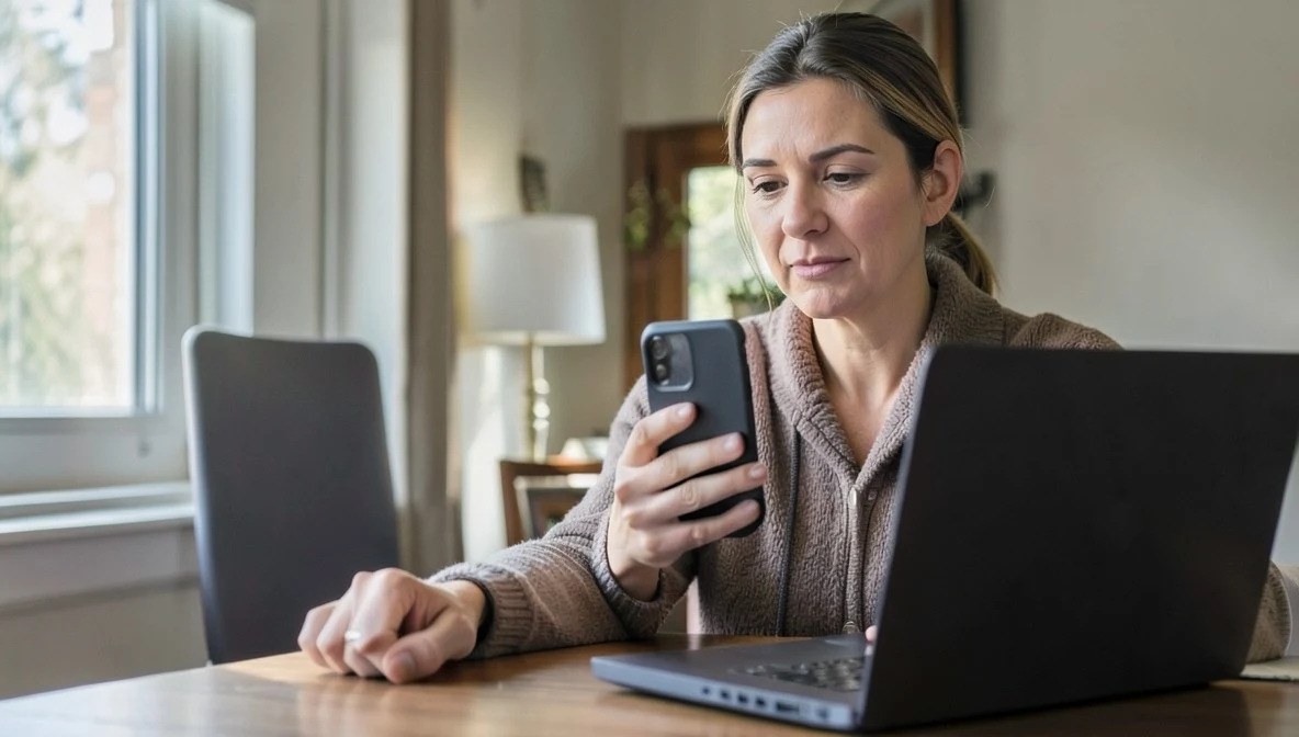 Woman calmly reviewing connected app permissions on her smartphone at a home office desk near a window