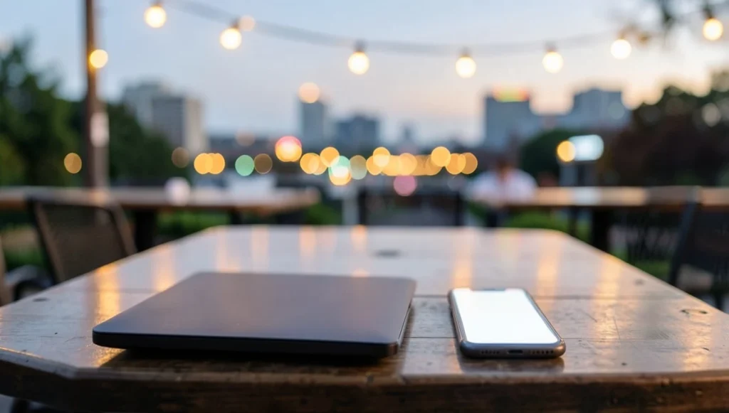 Laptop and smartphone with a blank screen on an outdoor cafe table at dusk, representing a checkout screen before hidden fees are added