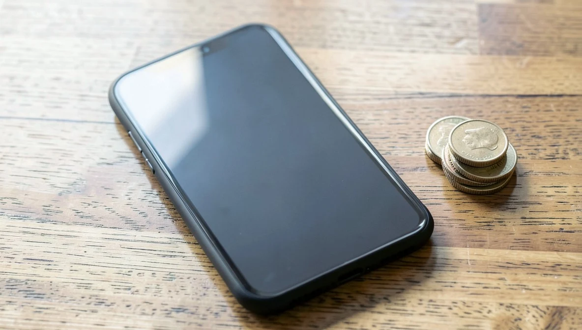 Smartphone with a blank screen next to a small stack of coins on a wooden kitchen counter