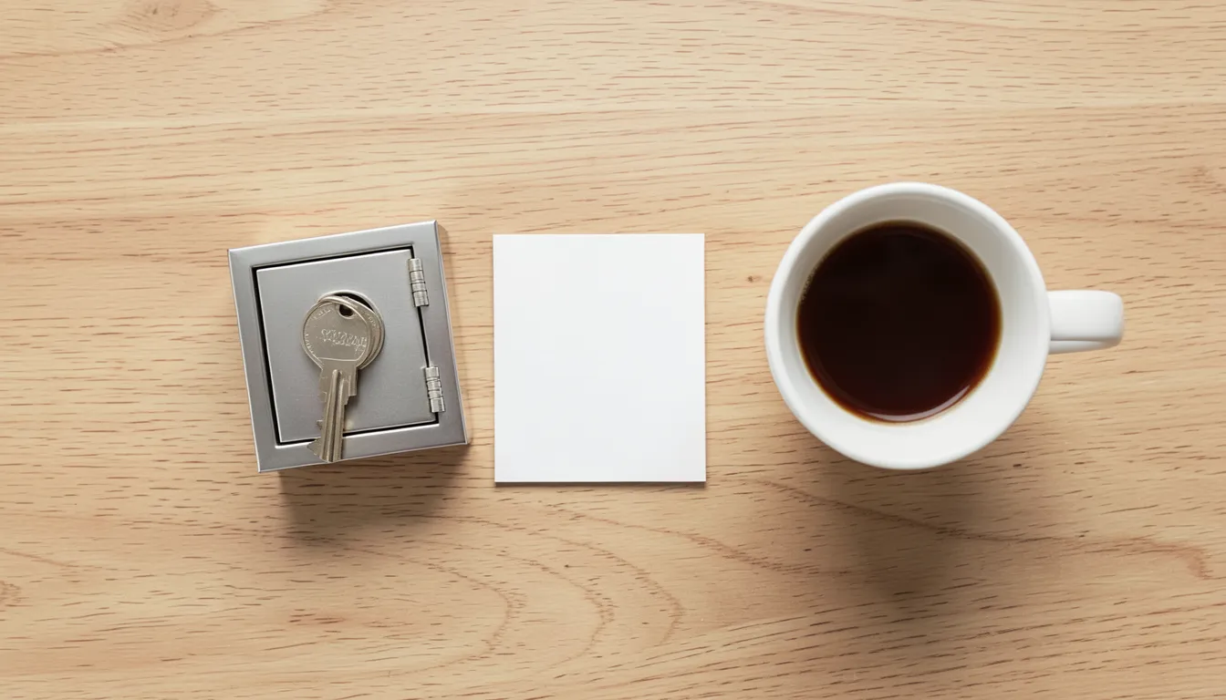 Top-down flat lay of a small safe deposit key, a blank index card, and a cup of coffee on a wooden desk