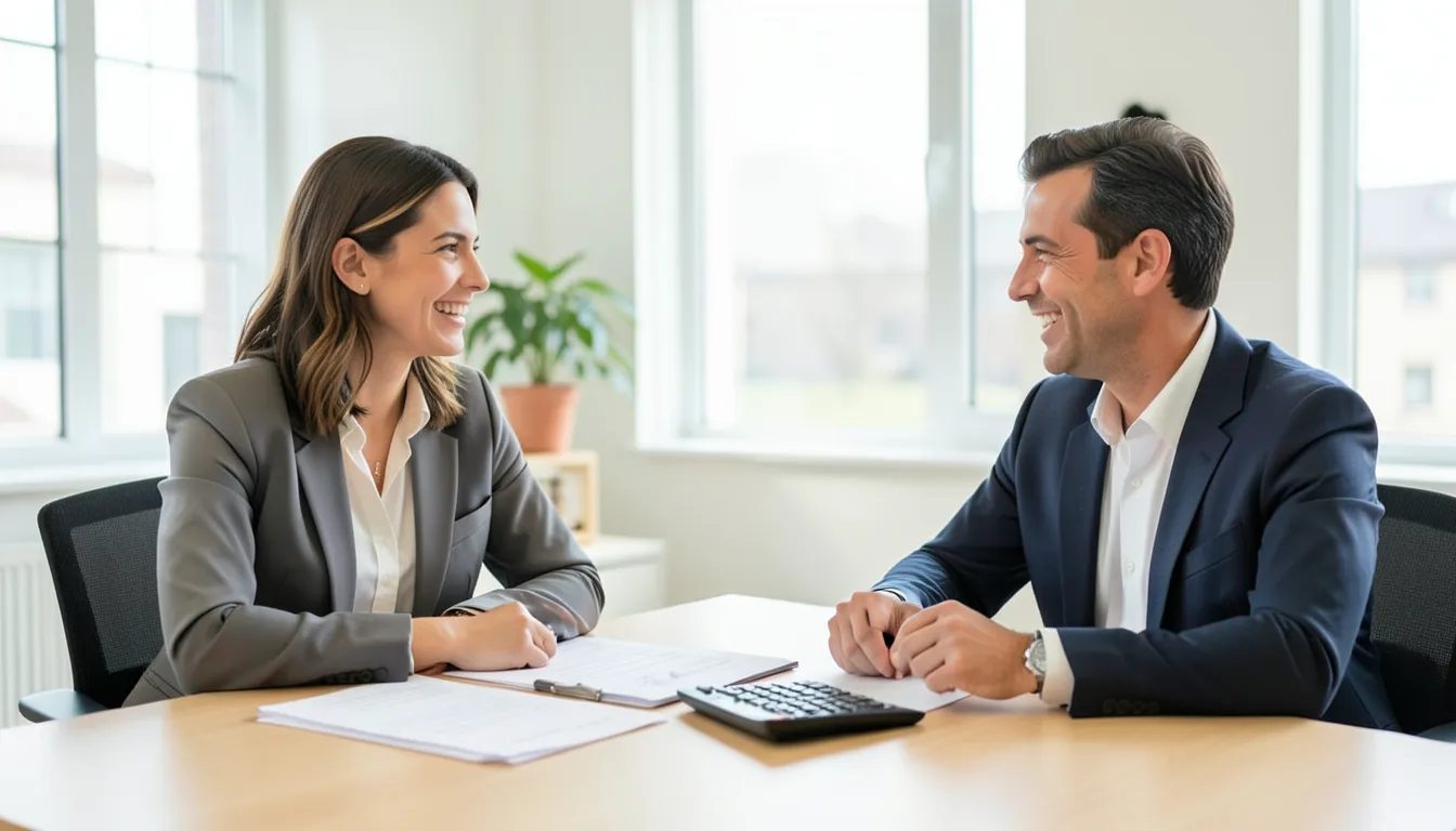 Woman meeting in person with a human financial advisor at a bright office desk
