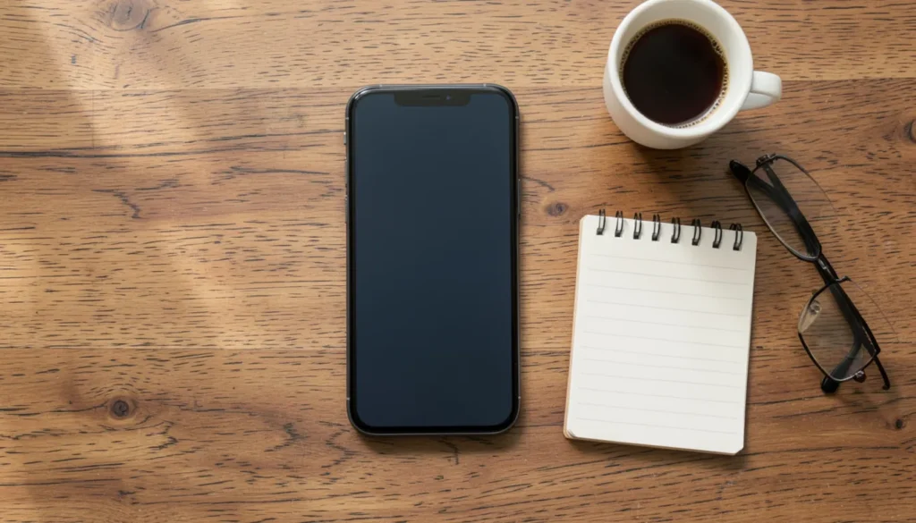 Overhead flat lay of a smartphone with a blank screen next to a notepad, coffee, and reading glasses
