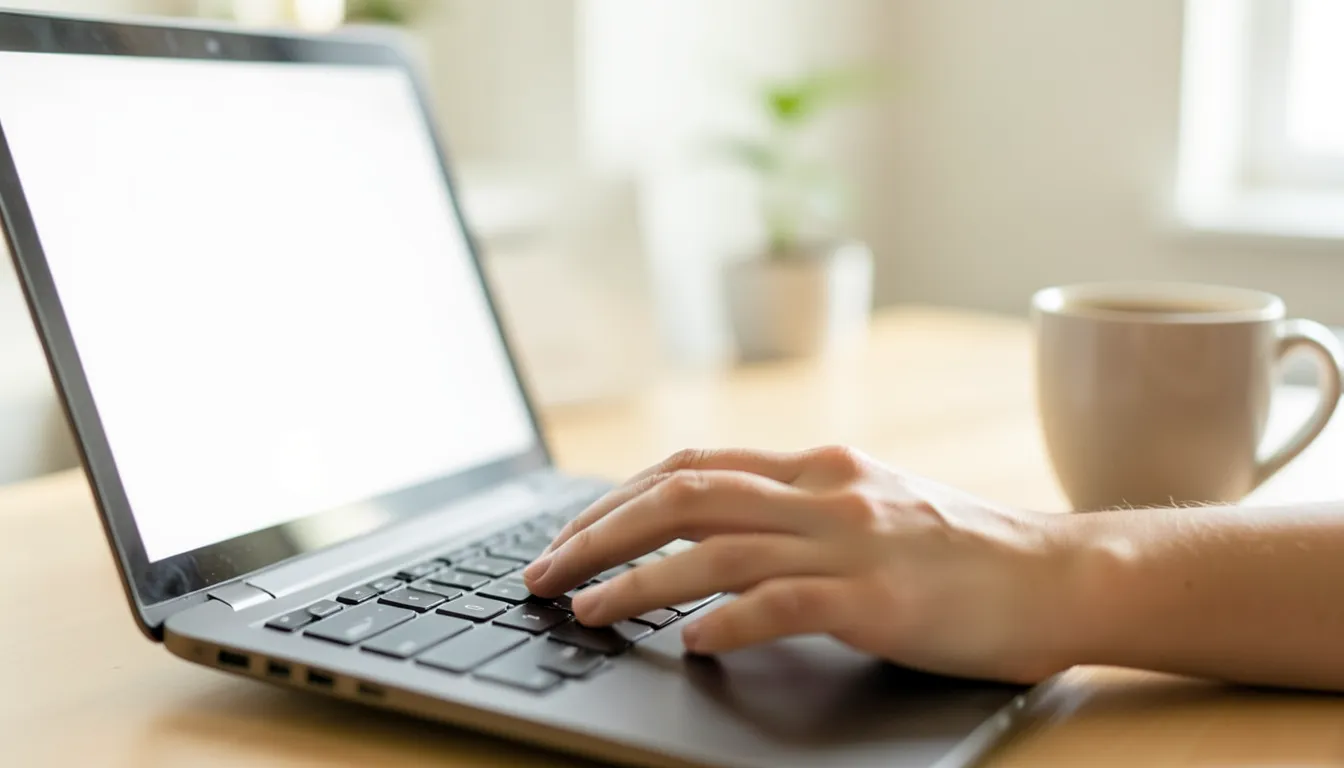 Close up of a hand typing on a laptop keyboard at a home office desk