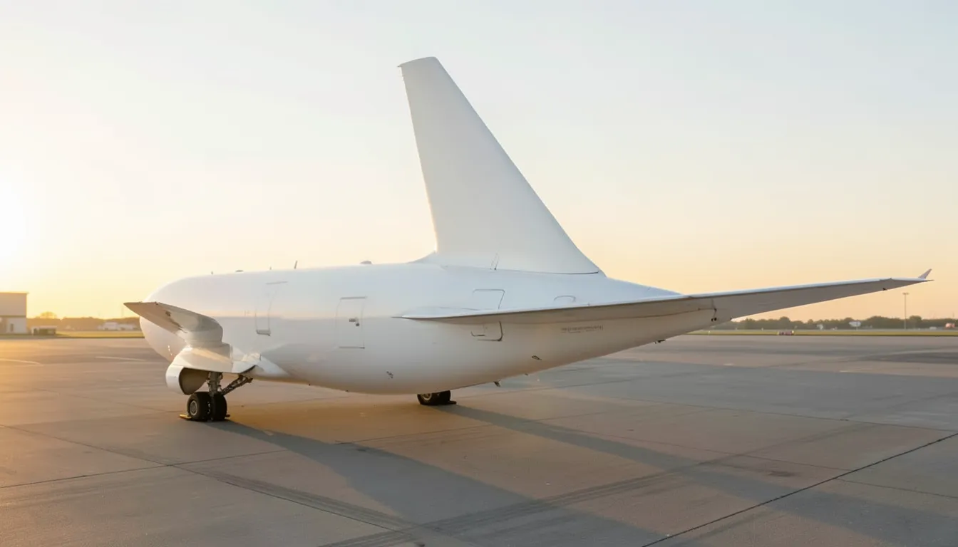 Plain white commercial airplane parked on an empty tarmac at sunrise