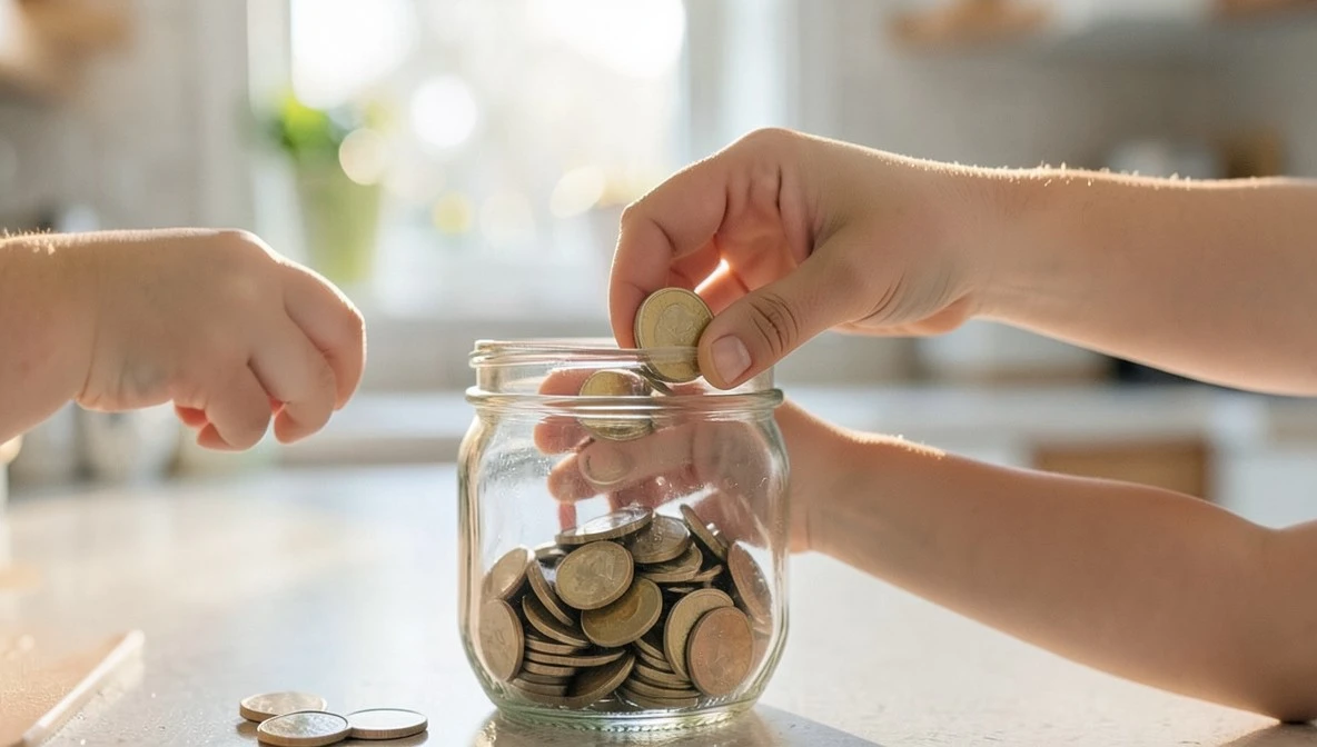Close-up of a parent's and child's hands dropping coins into a glass jar to save allowance money