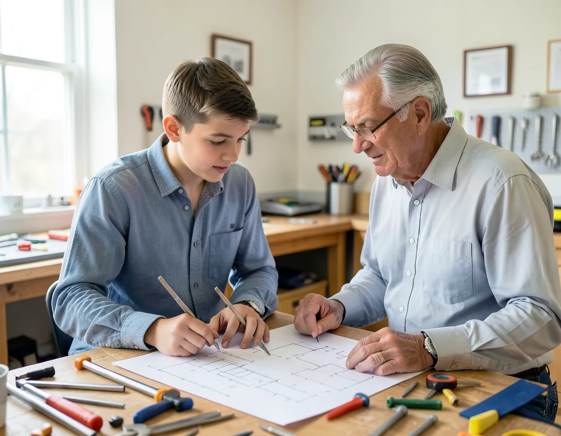 Young apprentice and an experienced mentor reviewing pipe schematics together in a workshop