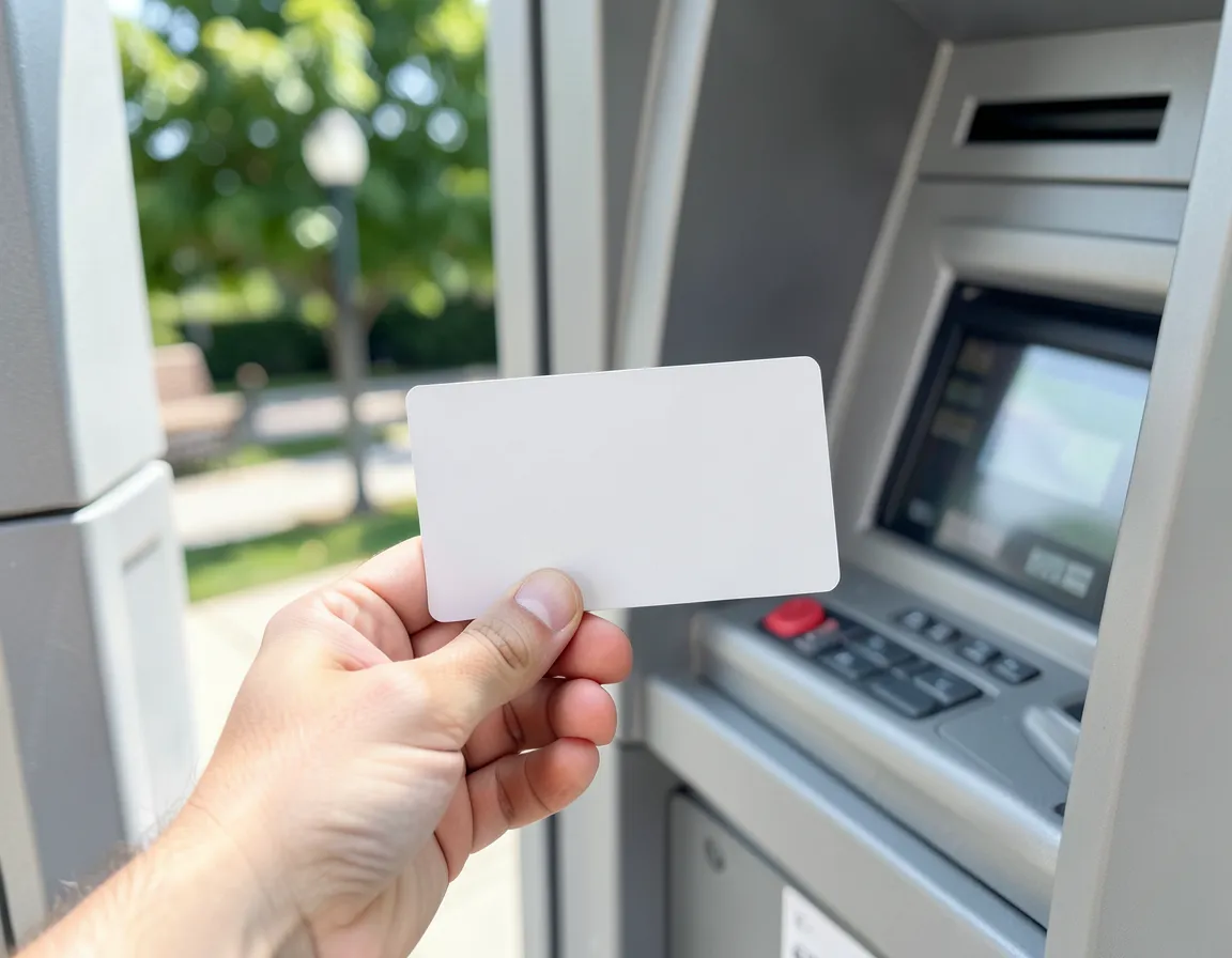 Close-up of a hand holding a debit card near an ATM screen