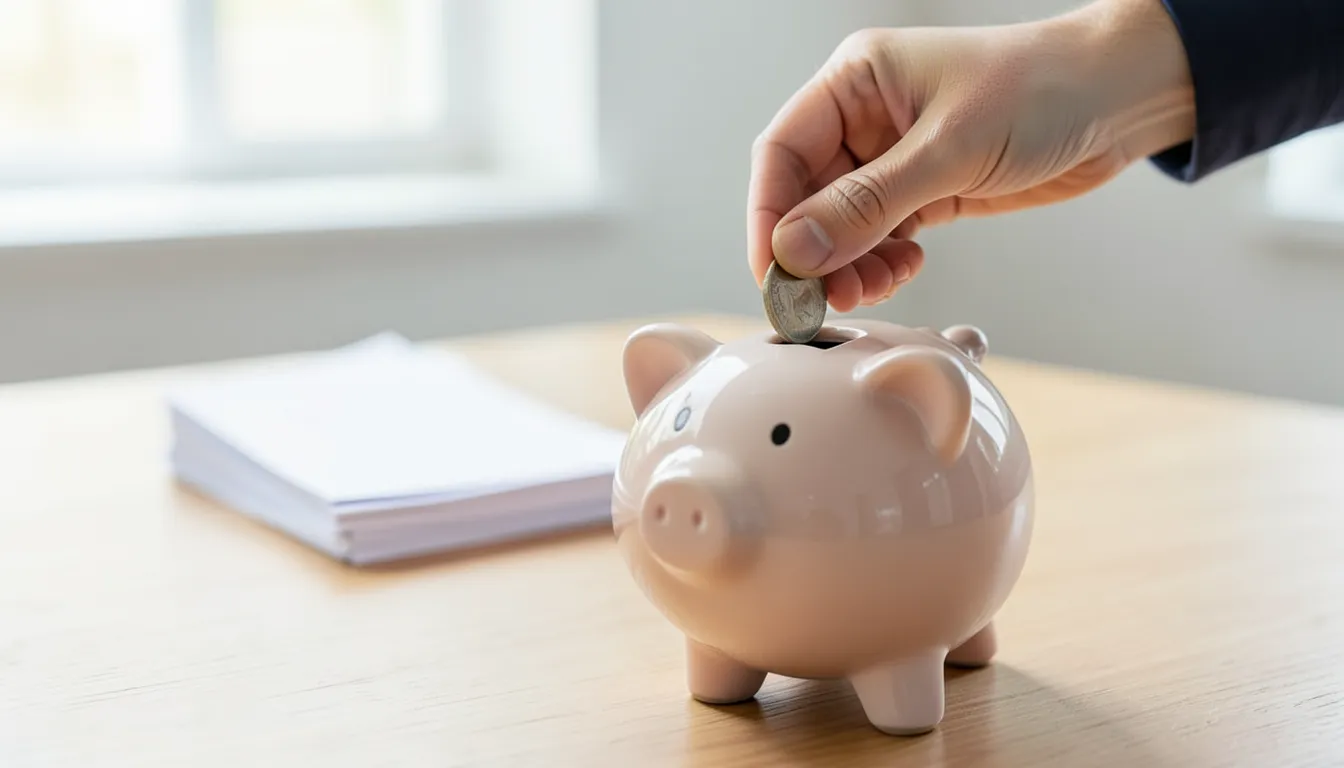 Close-up of a hand dropping a coin into a piggy bank, symbolizing savings from avoiding bank fees