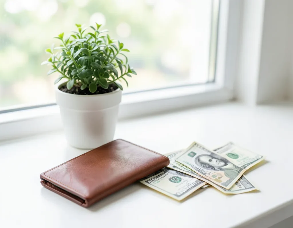 Wallet and cash on a bright windowsill, symbolizing money saved by avoiding bank fees