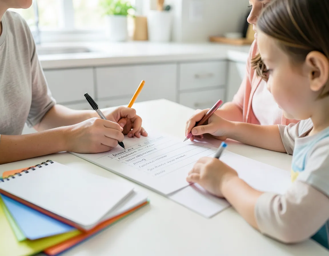 Parent and child writing out a back-to-school shopping checklist together at a kitchen table