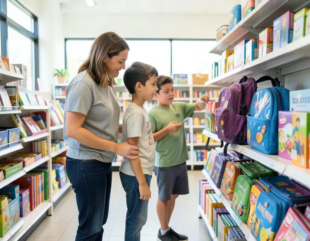 Parent and two children looking at backpacks and school supplies together in a bright store aisle