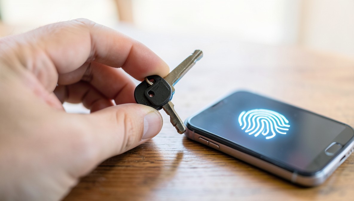 Close-up of a hand holding a small metal key next to a smartphone displaying a glowing fingerprint icon on a wooden table, representing bank account security methods