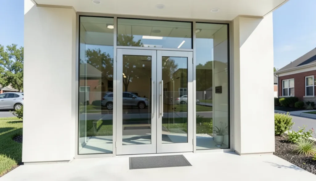 Exterior entrance of a modern bank branch on a bright morning, representing direct deposit setup