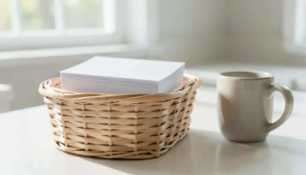 Basket of blank envelopes and mail next to a coffee mug on a kitchen counter