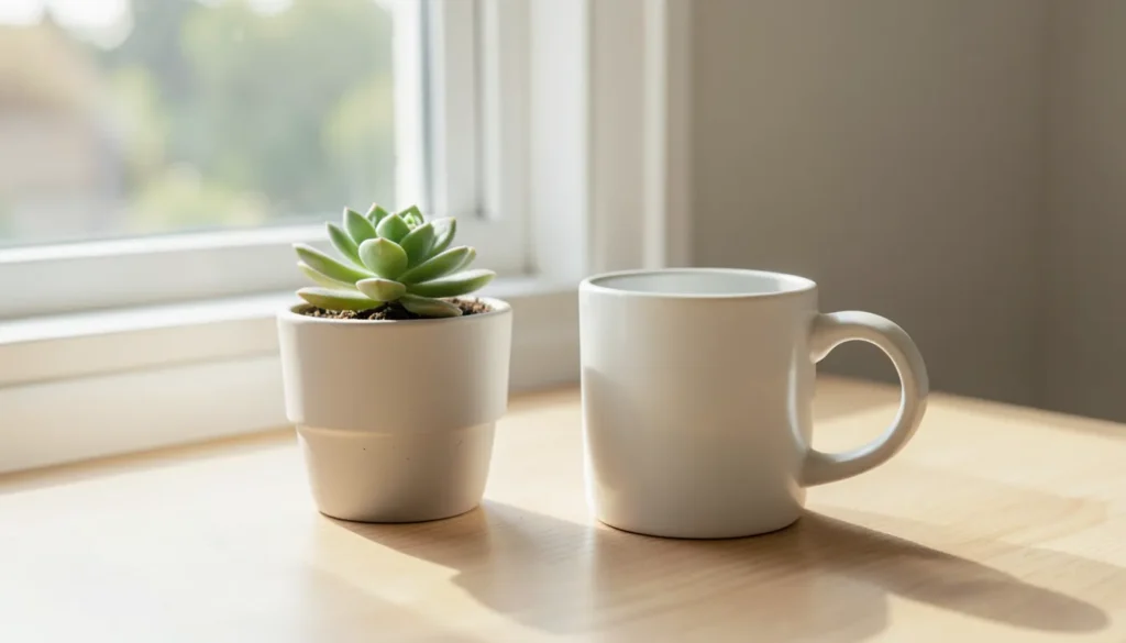 Small potted succulent and coffee mug on a bright desk, symbolizing steady beginner investing habits