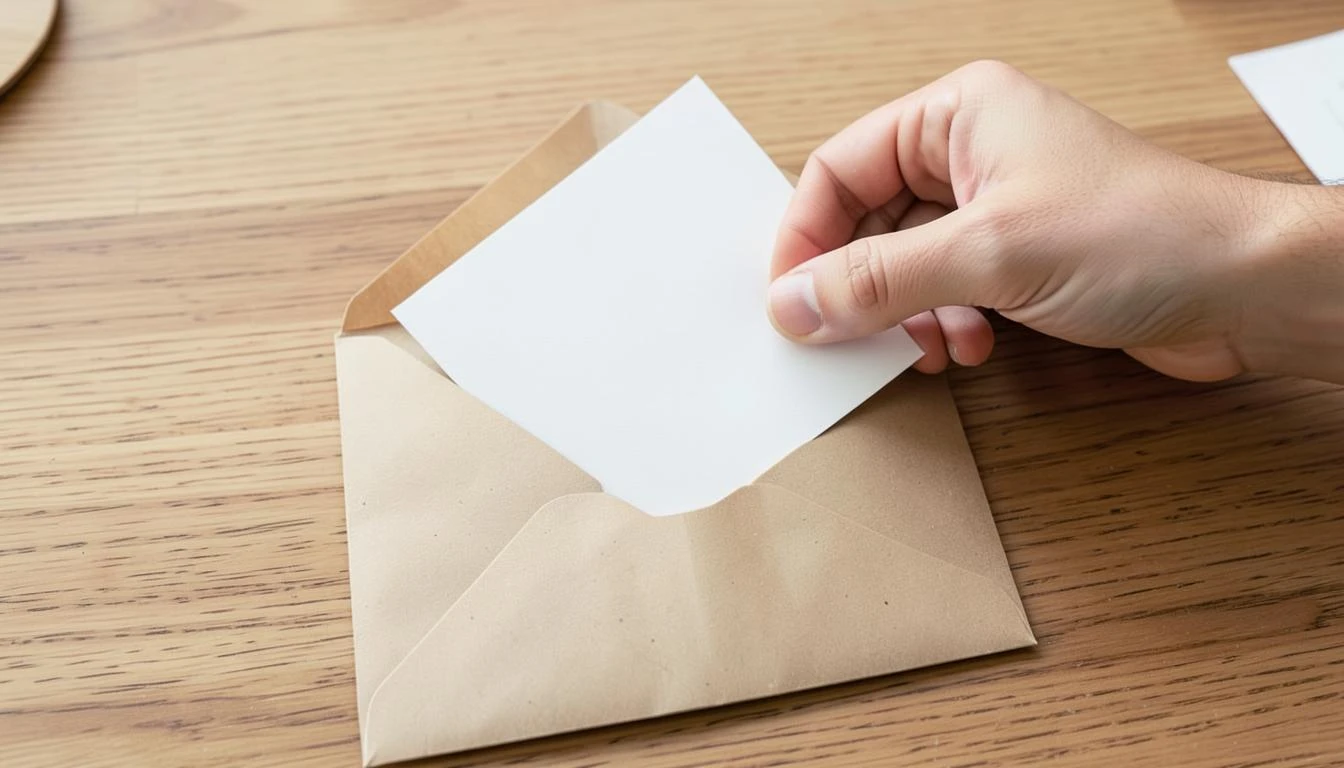 Hand placing a blank white card into a plain kraft envelope on a wooden desk