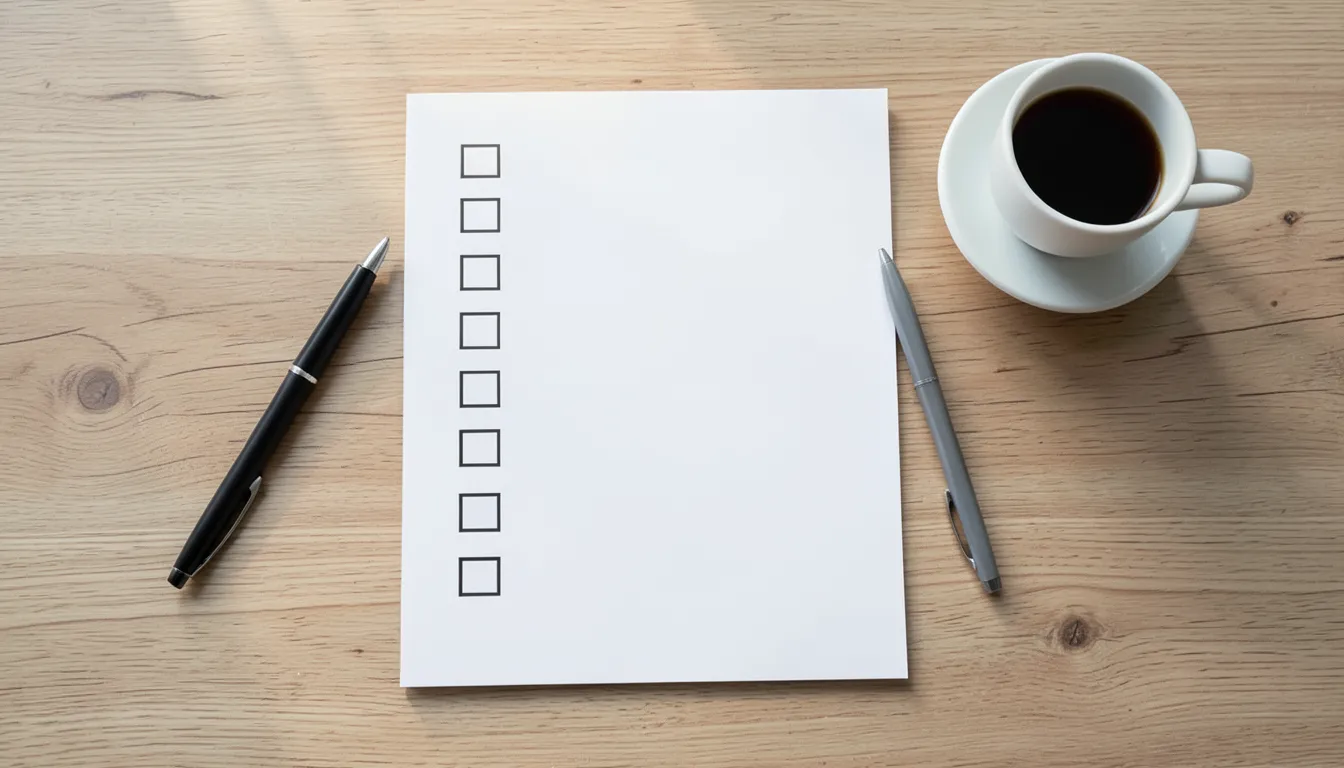 Blank paper checklist with empty checkboxes, a pen, and a cup of coffee on a wooden desk