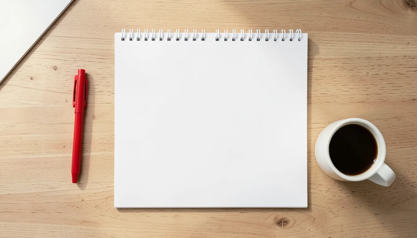 Blank desk calendar page with a red pen and a cup of coffee on a wooden desk