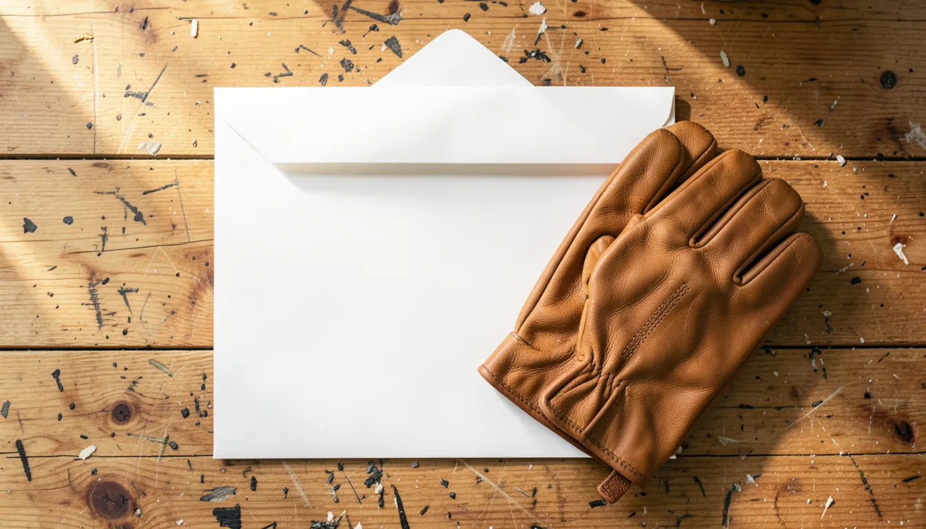 Blank envelope and a pair of work gloves resting on a wooden workbench