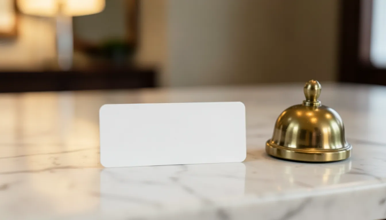 Blank hotel keycard next to a brass service bell on a marble front desk counter
