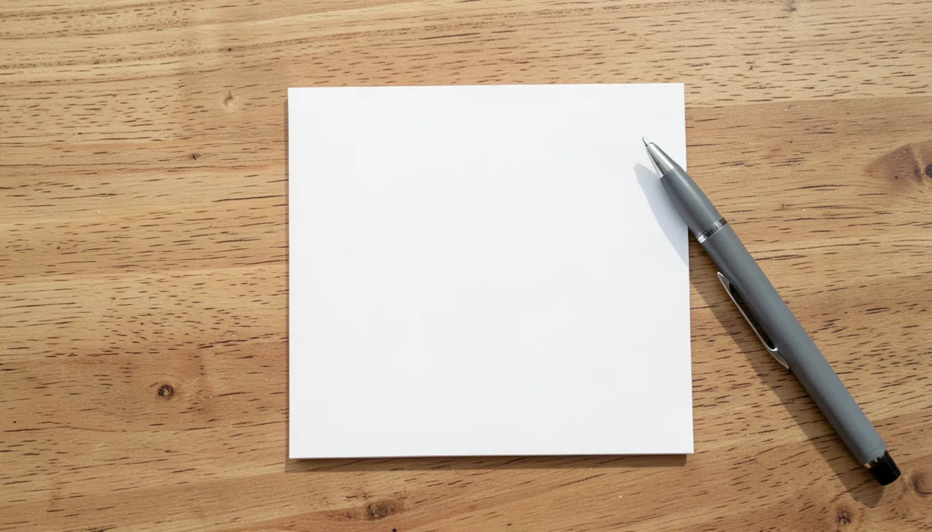 A blank white index card and a pen on a wooden desk