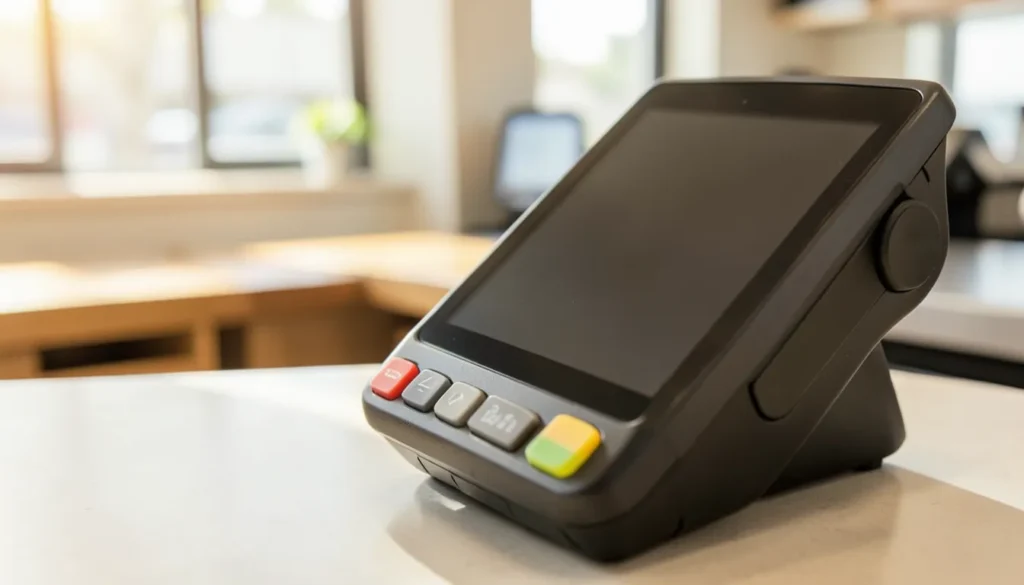 Close-up of a payment terminal with a blank screen at a store checkout counter