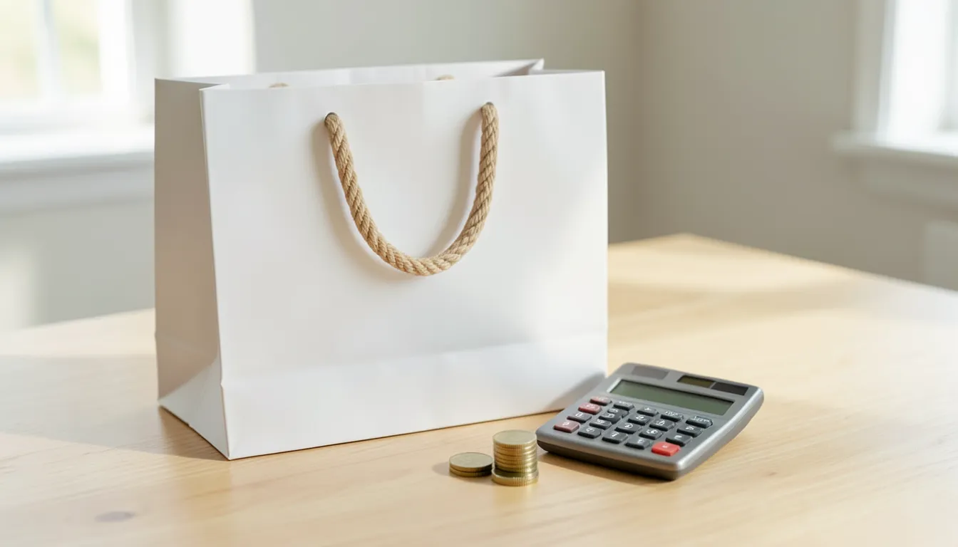 White shopping bag next to a calculator and a small stack of coins on a desk
