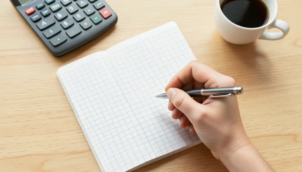 Hand holding a pen over a blank grid ruled notebook next to a calculator and coffee, representing planning a budget spreadsheet