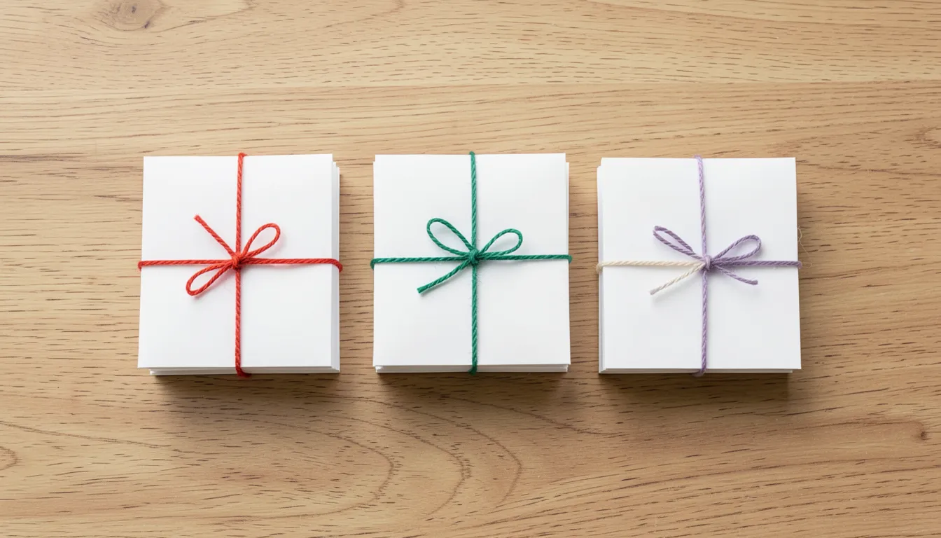Three stacks of blank envelopes tied with different colored string, representing separating a budget into categories