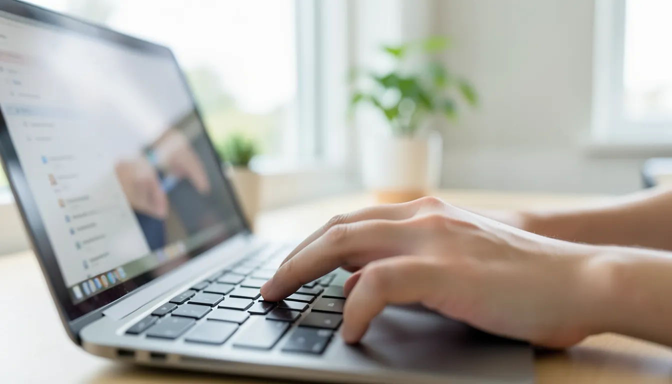 Close-up of fingers typing on a laptop keyboard with the screen blurred in the background, building a budget spreadsheet