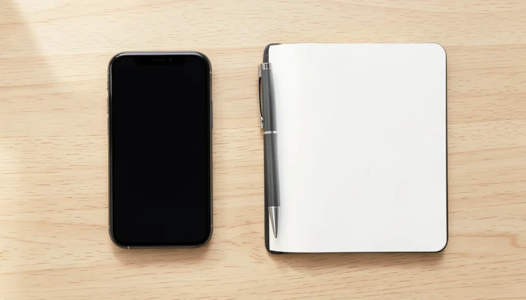 Blank smartphone screen next to an open notebook and pen on a wooden desk, representing setting up a budgeting app