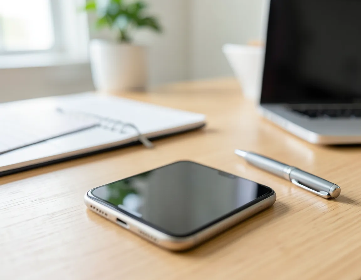 Smartphone, notebook, and pen on a desk next to a laptop