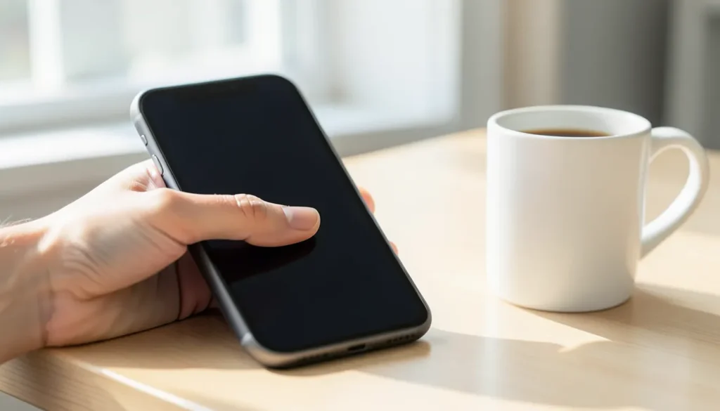 Close-up of a hand holding a smartphone with a blank screen next to a coffee mug, representing reviewing and canceling subscriptions