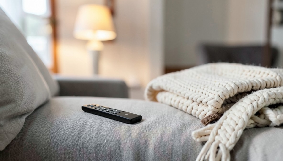 Remote control resting on a couch armrest in a cozy living room, representing rotating subscriptions instead of stacking them