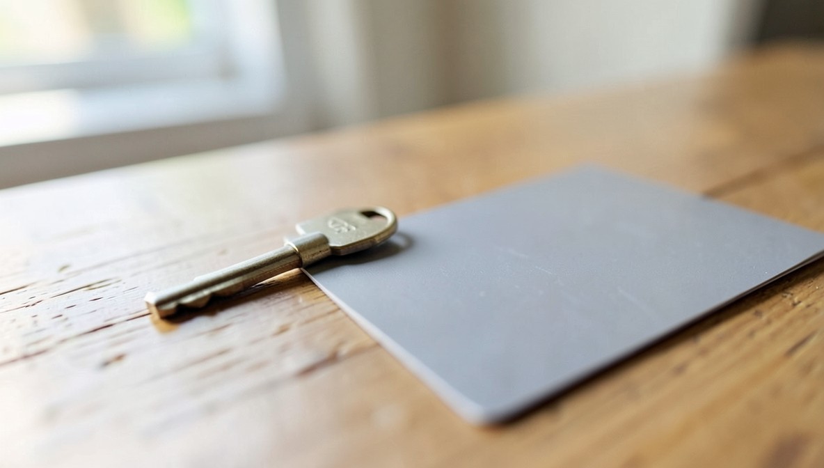 A house key resting beside a blank gray card on a wooden table, representing using a virtual card number for free trials