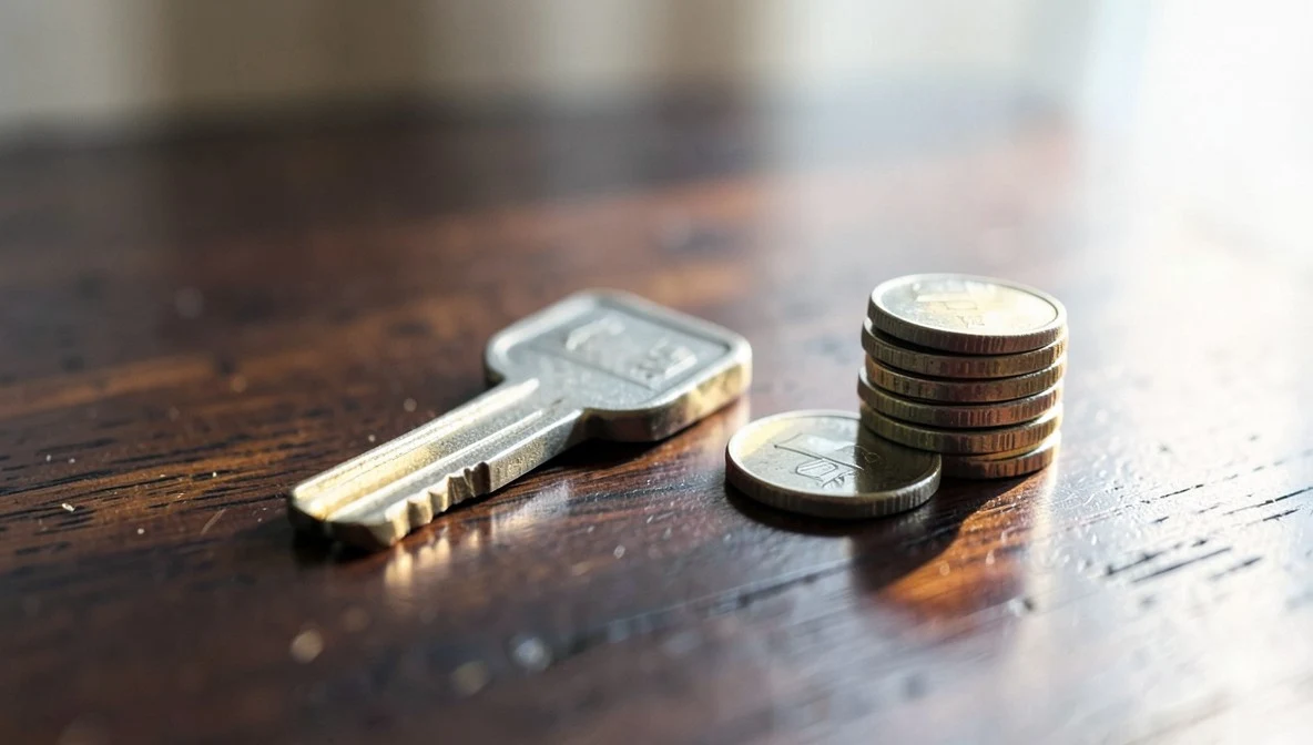 Car key and a small stack of coins resting on a dark wooden desk, representing small savings that add up on a car insurance bill