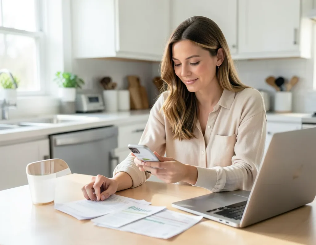 Woman checking a cash advance app on her phone at her kitchen table