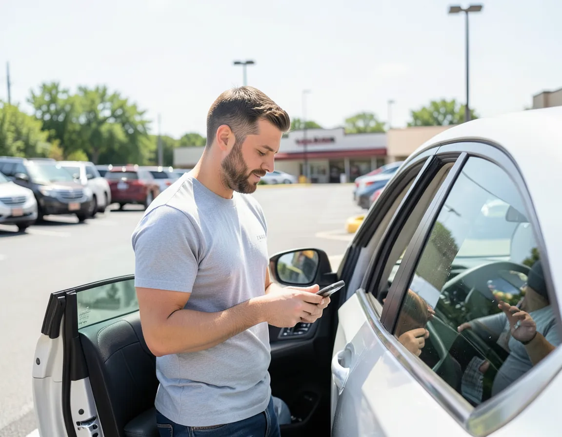 Man checking a cash advance app on his phone next to his car in a parking lot