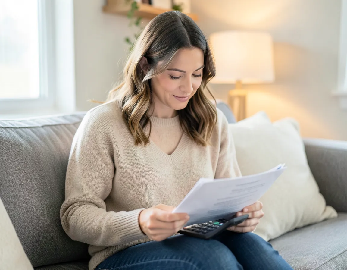 Woman reviewing paperwork and calculating advance fees at home