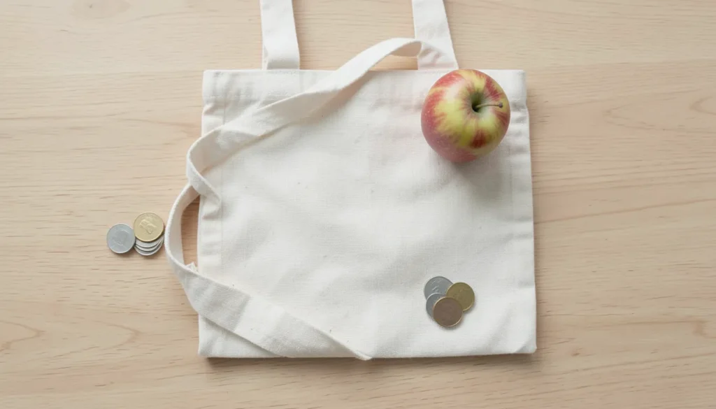 Blank canvas tote bag with an apple and a small stack of coins, representing savings from cash-back apps