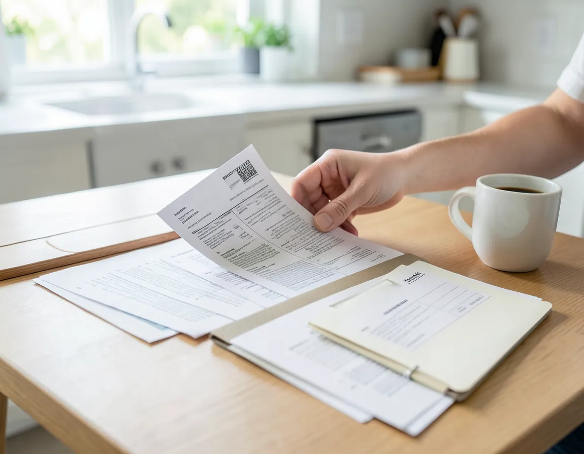 Person organizing bank statements and a folder of documents on a kitchen table before filing a CFPB complaint