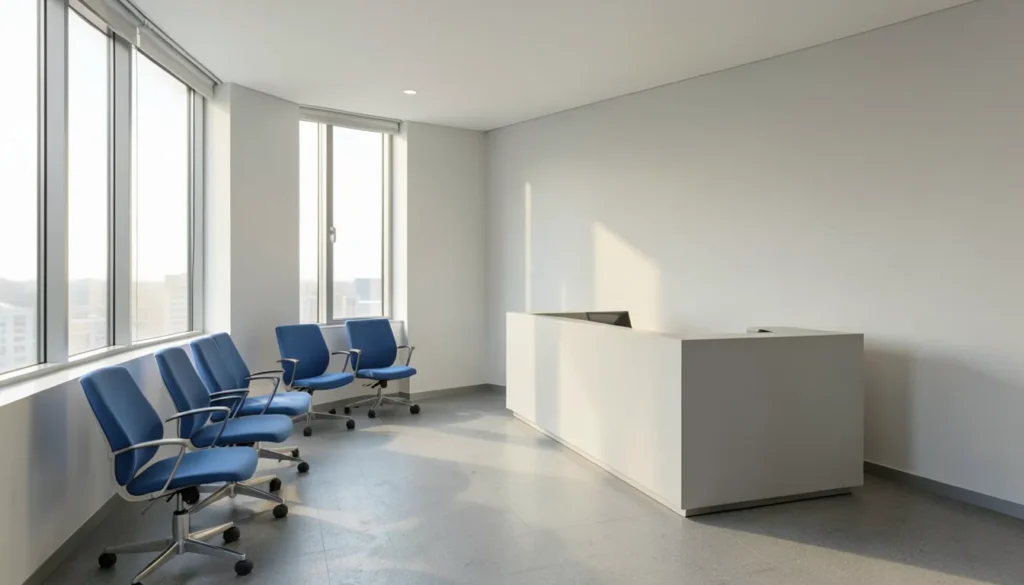 Empty government office waiting room with blue chairs, representing a CFPB complaint office setting