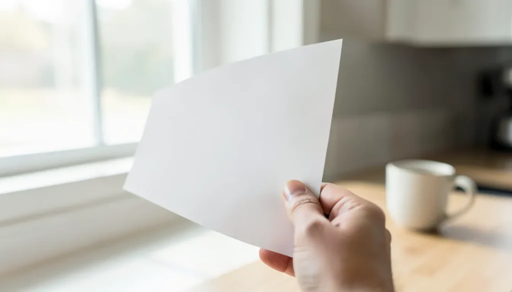 Hand holding a blank printed page up to the window light at home