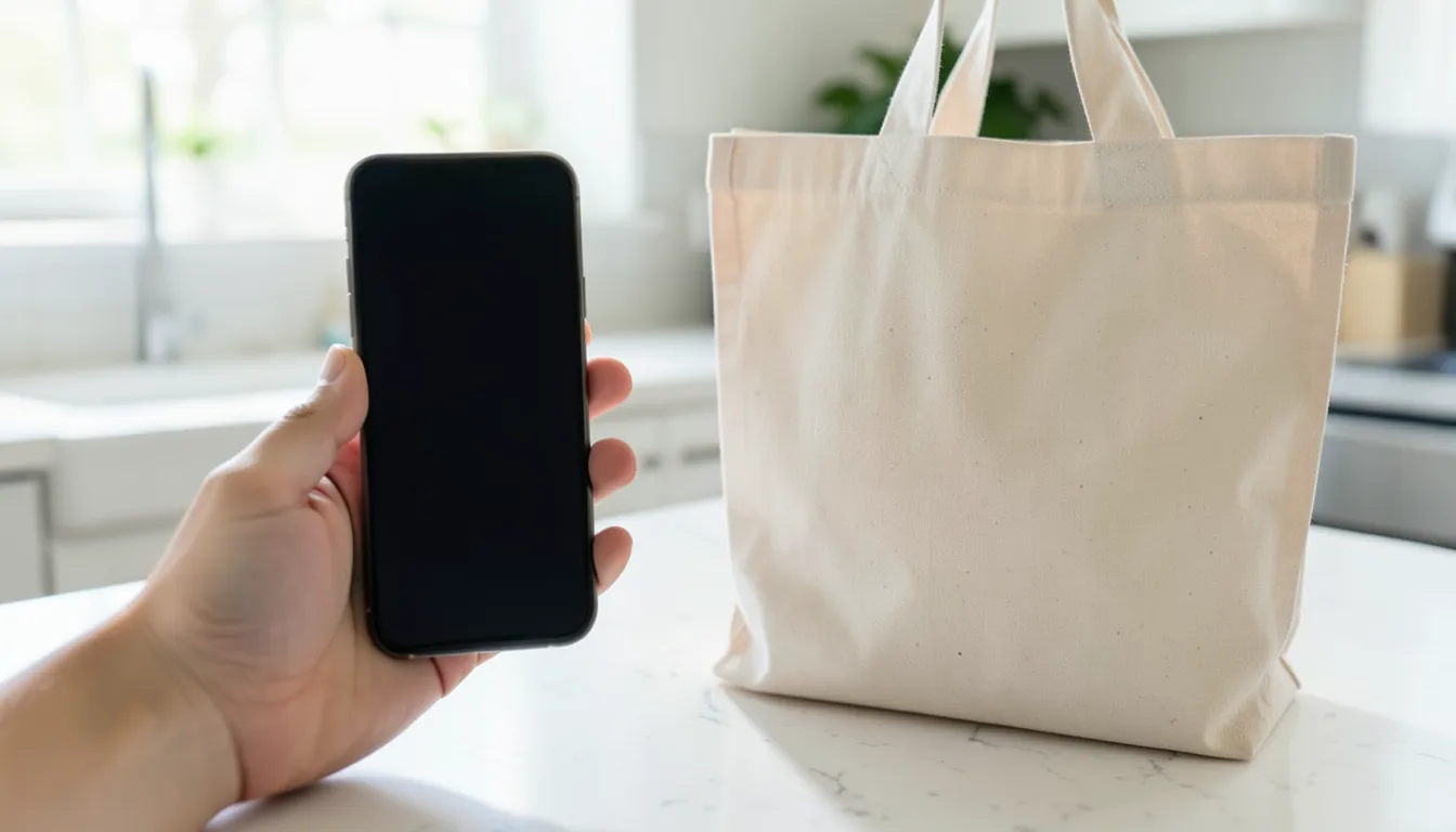 Hand holding a smartphone with a blank screen next to a canvas tote bag on a kitchen counter