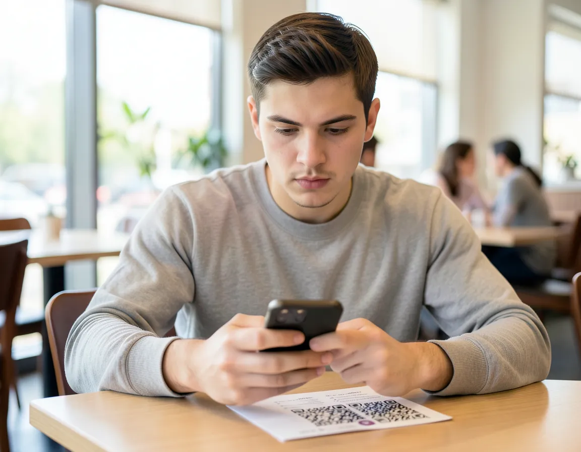 Young adult carefully checking a smartphone screen before scanning a QR code menu card at a restaurant table
