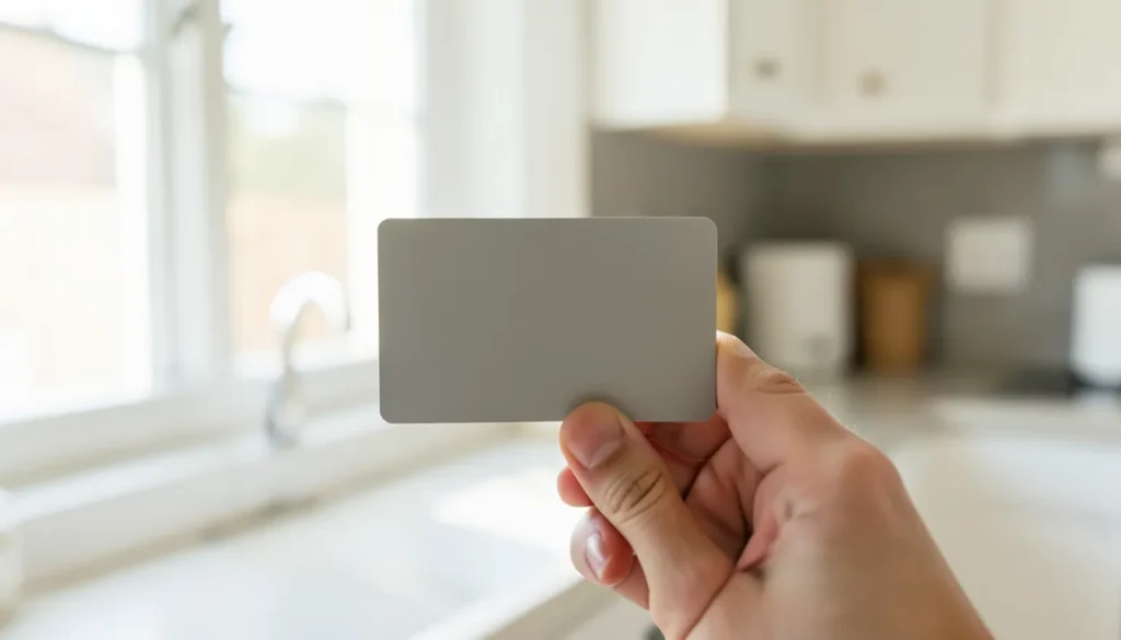 Hand holding a blank debit card up to the light before linking it to a mobile banking app