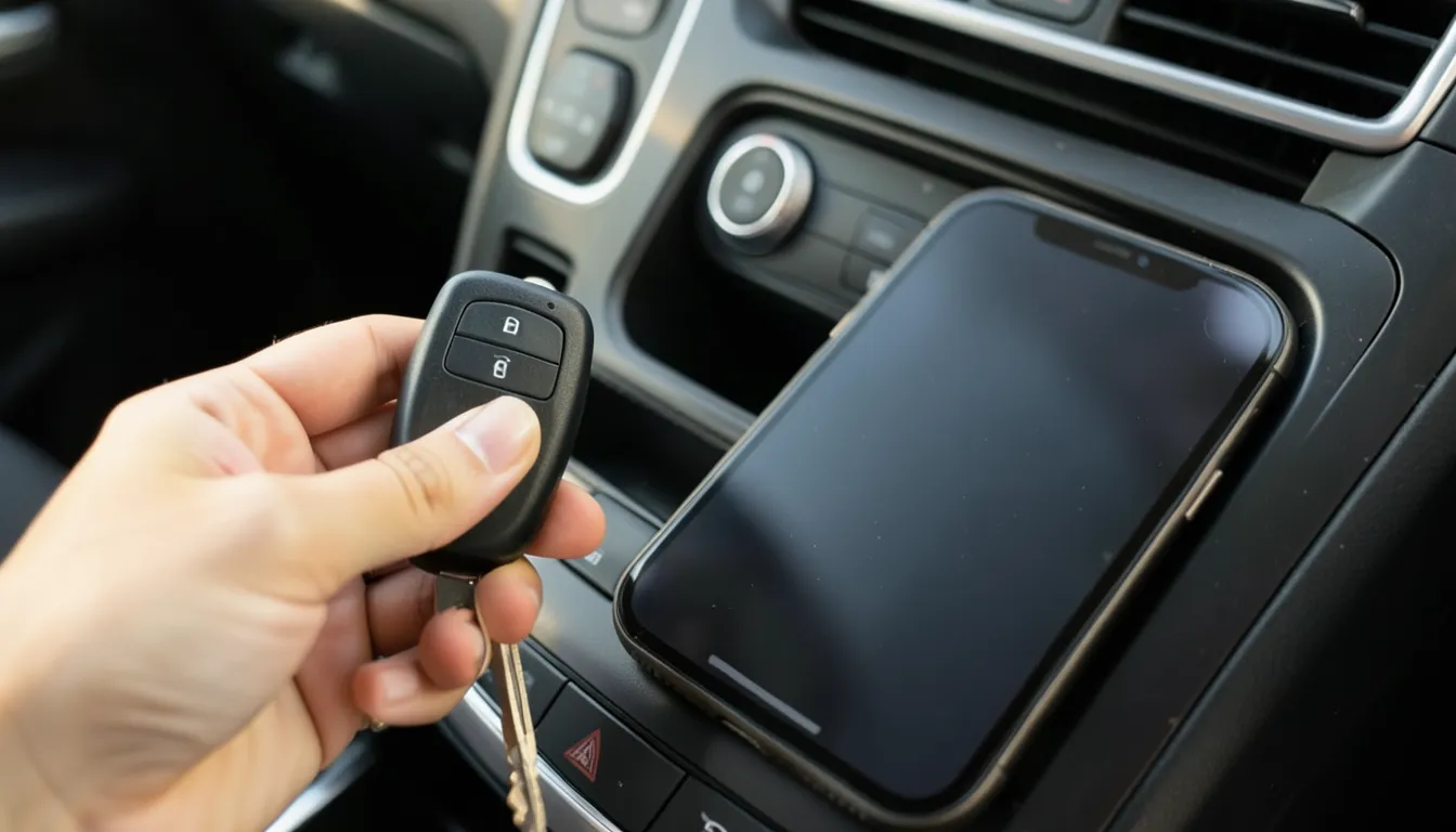 Hand holding a car key fob next to a smartphone on the center console, representing connected car data